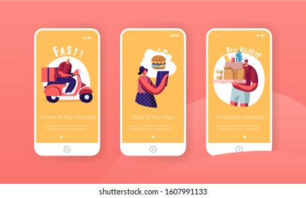 Express Delivery Mobile App Page Onboard Screen Set. Man Courier on Bike Deliver Parcel and Groceries to Young Woman Consumer to Home Concept for Website or Web Page. Cartoon Flat Vector Illustration