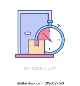 Express-Lieferung - moderne Linie Design-Symbol auf weißem Hintergrund. Schönes detailliertes Bild von Tür, Box und Stoppuhr. Anspruchsvolle Logistik, termingerechte Warenankunft. Hol das Paket ab.