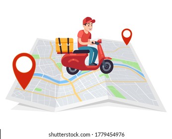 Express delivery. Motorcyclist courier on moped with box on city map, fast male character on motorcycle rides to client, shipping parcel flat vector young cartoon character