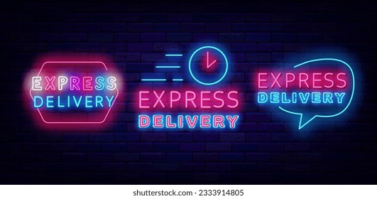 Colección de etiquetas de neón de entrega rápida. Publicidad brillante. Burbujas de discursos. Reloj rápido. Transporte de pedido rápido. Envío de comida a cafeterías y restaurantes. Trazo editable. Ilustración de material vectorial