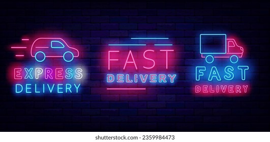 Express delivery neon labels collection. Shiny advertising. Fast car. Fast order transportation. Cafe and restaurant food shipping. Editable stroke. Vector stock illustration