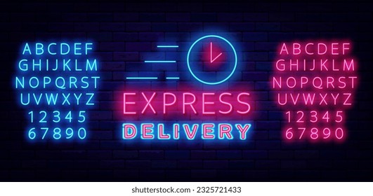Cartel de neón de entrega rápida. Icono de reloj. Publicidad brillante. Alfabeto rosa brillante y azul. Transporte de pedido rápido. Servicio de restauración. Envío de comida a cafeterías y restaurantes. Ilustración de material vectorial