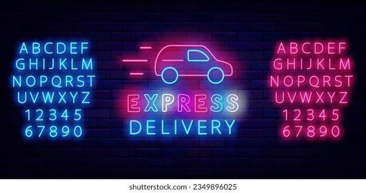 Express delivery neon signboard. Fast car icon. Glowing advertising. Catering service. Shiny sign. Glowing pink and blue alphabet. Cafe and restaurant menu transportation. Vector stock illustration
