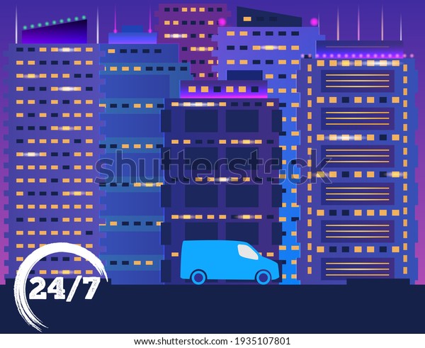 Express delivery. Night city, neon\
lights, van. Vector illustration of fast delivery\
concept