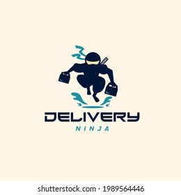 Express delivery ninja man courier holding food bag logo design vector template. Courier wearing mask to prevent covid-19, coronavirus, corona pandemic. Quarantine concept.