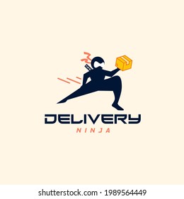 Express delivery ninja man courier lifting package logo design vector template. Courier wearing mask to prevent covid-19, coronavirus, corona pandemic. Quarantine concept.