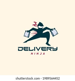 Express delivery ninja man courier holding food bag logo design vector template. Courier wearing mask to prevent covid-19, coronavirus, corona pandemic. Quarantine concept.