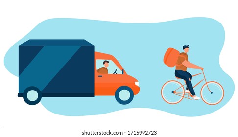 Entrega rápida en bicicleta y Coche.Tienda en líneaTransporte.Sin contacto con la entrega de comida durante la epidemia de coronavirus.Servicio de entrega urgente.Compras en línea.Ilustración de vectores planos