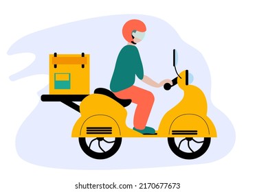 Express delivery on the motorbike icon concept. Person riding motorbike with box behind back icon for service, order, fast, free and worldwide shipping. Modern design vector illustration.