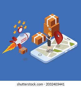 Express delivery online 3d isometric vector illustration concept for banner, website, landing page, ads, flyer
