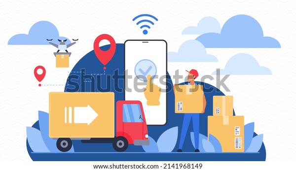 Express delivery of online orders. Tiny courier\
with packages and boxes from warehouse store, truck for shipping\
and mobile app on smartphone screen flat vector illustration.\
Delivery service\
concept