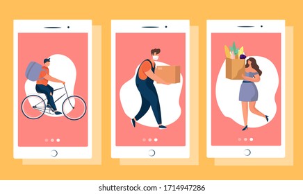 Express Delivery and Online Shopping.Food and Boxes Transportation and Online Order, Using the App, on Internet.Courier or Deliver on a Bicycle.
Social Distancing. Stay Home.Flat Vector Illustration