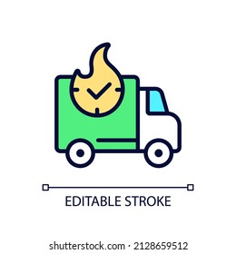 Express delivery pixel perfect RGB color icon. Urgent shipment and logistics service. Online shopping. Isolated vector illustration. Simple filled line drawing. Editable stroke. Arial font used