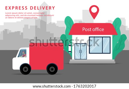Express delivery. Post office and delivery truck. Mail service. Vector illustration.