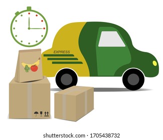 Express delivery product concept. Vector illustration of a car, cardboard boxes and a timer