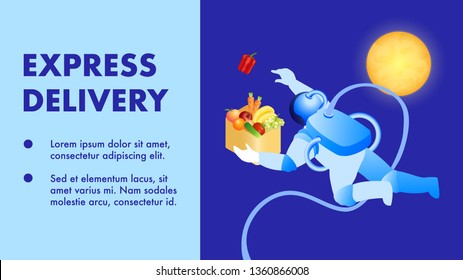 Express Delivery Promo Banner Vector Template. Food Transportation Typography with Copyspace. All Destinations Logistics Metaphor. Cartoon Courier, Astronaut. Delivery Option Description Poster Layout