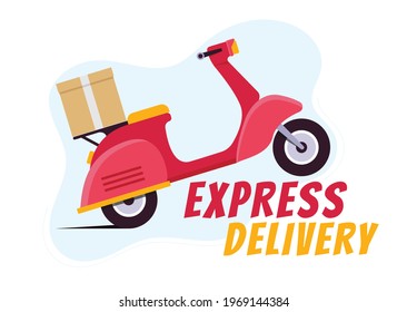 
Express delivery. Retro scooter, flat, cartoon style vector illustration. Transport for fast online order or food  delivery. Online delivery service. 