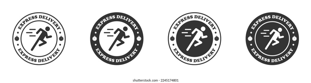 Express delivery round badge. Running man icon with text. Vector illustration.