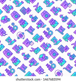 Express delivery seamless pattern with thin line icons: parcel, truck, out for delivery, searching of shipment, courier, sorting center, dispatch, registered, delivered. Modern vector illustration.