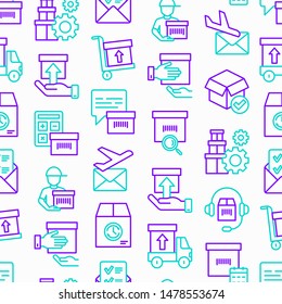 Express delivery seamless pattern with thin line icons: parcel, truck, out for delivery, searching of shipment, courier, sorting center, dispatch, registered, delivered. Modern vector illustration.