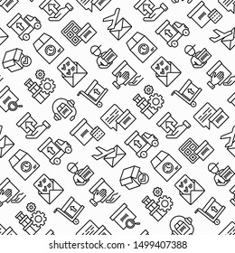 Express delivery seamless pattern with thin line icons: parcel, truck, out for delivery, searching of shipment, courier, sorting center, dispatch, registered, delivered. Modern vector illustration.