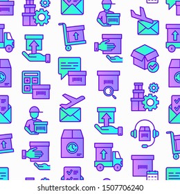 Express delivery seamless pattern with thin line icons: parcel, truck, out for delivery, searching of shipment, courier, sorting center, dispatch, registered, delivered. Modern vector illustration.