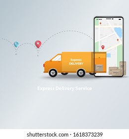 Express delivery service app and online order tracking on mobile concept. Logistic of delivery van and mobile phone with map in the background of route of shipment in gray color.