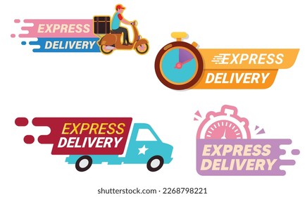 Express delivery service badge, Express delivery urgent shipping services courier on a scooter moving fast, Express delivery label, timer sticker
