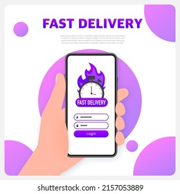 Express delivery service badge. woth smartphone. Fast time delivery order with car on white background. Vector illustration