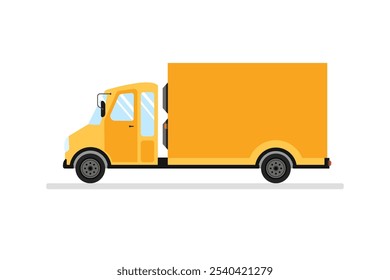 Express delivery service by cargo truck, delivery services commercial truck. Flat vector illustration yellow delivery van.