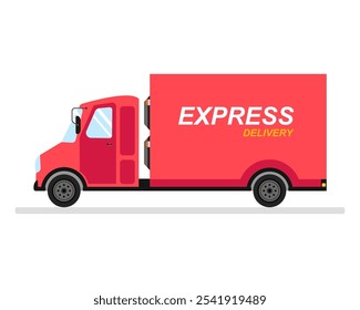 Express delivery service by cargo truck, delivery services commercial truck. Flat vector illustration yellow delivery van.