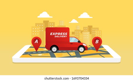 Express delivery service by truck. Checking delivery service app on mobile phone.