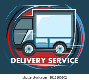 Servicio de envío exprés en la ciudad. Ilustración vectorial. Camión pequeño para transportar mercancías. Logotipo. Símbolo. Art.