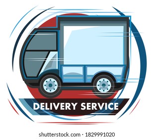 Servicio de envío exprés en la ciudad. Ilustración vectorial. Camión pequeño para transportar mercancías. Logotipo. Símbolo.	