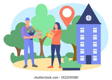 Express delivery service concept. Courier delivering bouquet of tulip flowers to young woman. Delivery boy carrying gift to clients home flat vector illustration