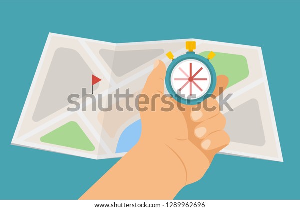 Express delivery service concept. Fast\
delivery, stopwatch in hand or chronometer. Fast shipping\
worldwide. Vector\
illustration.