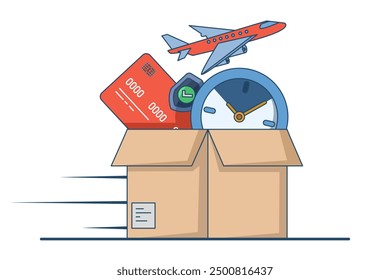 Express delivery service concept. Flying parcel delivery. online delivery via mobile application. Vector template e-commerce, fast delivery service, package.