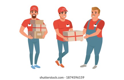 Express Delivery Service Concept, Male Couriers Delivering Parcels Set Cartoon Vector Illustration