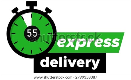 Express delivery service concept with stopwatch icon showing 55 minutes fast shipping, quick time limit, timely parcel dispatch