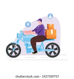 Express delivery service courier boy riding motor bike illustration. Character cartoon delivery boy illustration. Fast and free delivery. Vector cartoon illustration. 