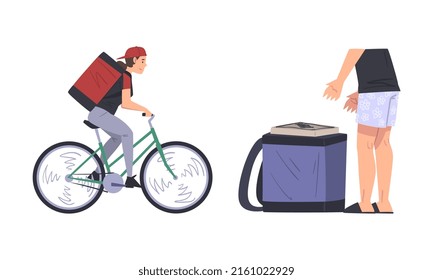 Express delivery service. Couriers delivering food to customers cartoon vector illustration