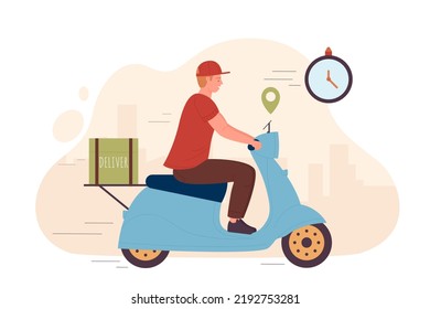 Express delivery service, deliveryman riding scooter fast to deliver orders from cafe, shop or restaurant. Cartoon tiny boy courier on moped and clock flat vector illustration. Shipment concept