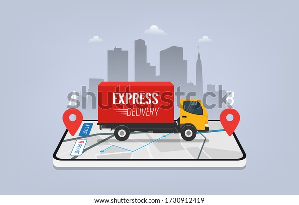 Express Delivery service design concept.\
Truck cargo delivery on smartphone mobile app with GPS navigation.\
Online courier package, vector\
illustration