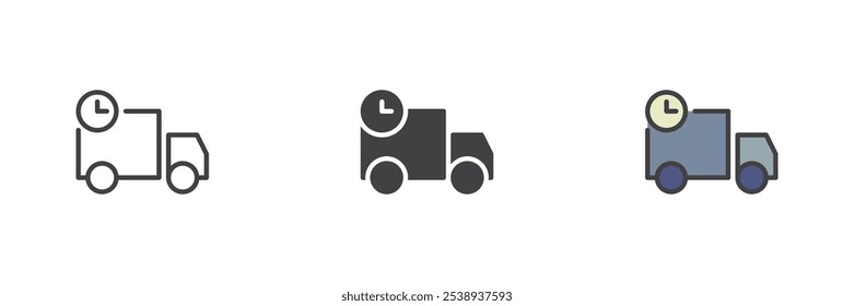 Express delivery service different style icon set. Line, glyph and filled outline colorful version, outline and filled vector sign. Shipping truck with clock symbol, logo illustration. Vector graphics