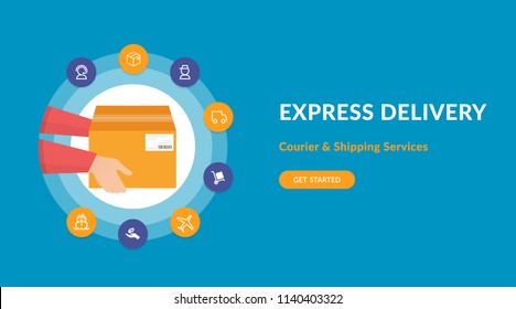 Express delivery service and fast shipping a cardboard box. Flat concept vector website template and landing page design of courier has delivered a carton box and logistics related icons around him
