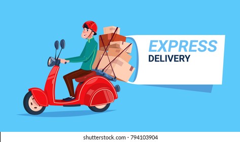 Express Delivery Service Icon Courier Boy Riding Motor Bike Template Banner With Copy Space Flat Vector Illustration
