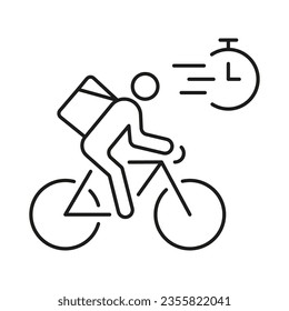 Express Delivery Service Linear Pictogram. Courier On Bike with Clock Line Icon. Food or Goods Fast Shipping Symbol. Speed Deliveryman on Bicycle Sign. Editable Stroke. Isolated Vector Illustration.