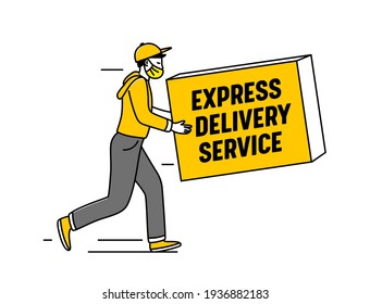 Express Delivery Service Logo mit Courier in Maske Carry Box einzeln auf weißem Hintergrund. Pakettransport, Logistikfirma Emblem, Fracht- oder Warenversand, Post. Vektorgrafik