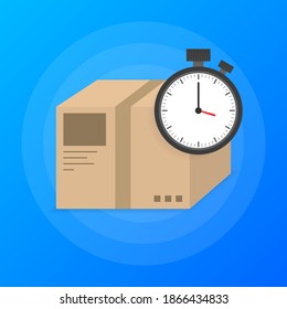 Express delivery service logo. Fast time delivery parcel with stopwatch on blue background. Vector illustration.