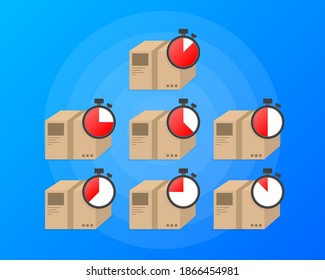 Express delivery service logo. Fast time delivery parcel with stopwatch on blue background. Vector illustration.